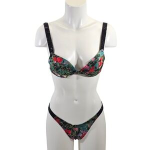 Victorias Secret Brazilian Bikini Set Floral Print Rhinestone Straps Size S 32A